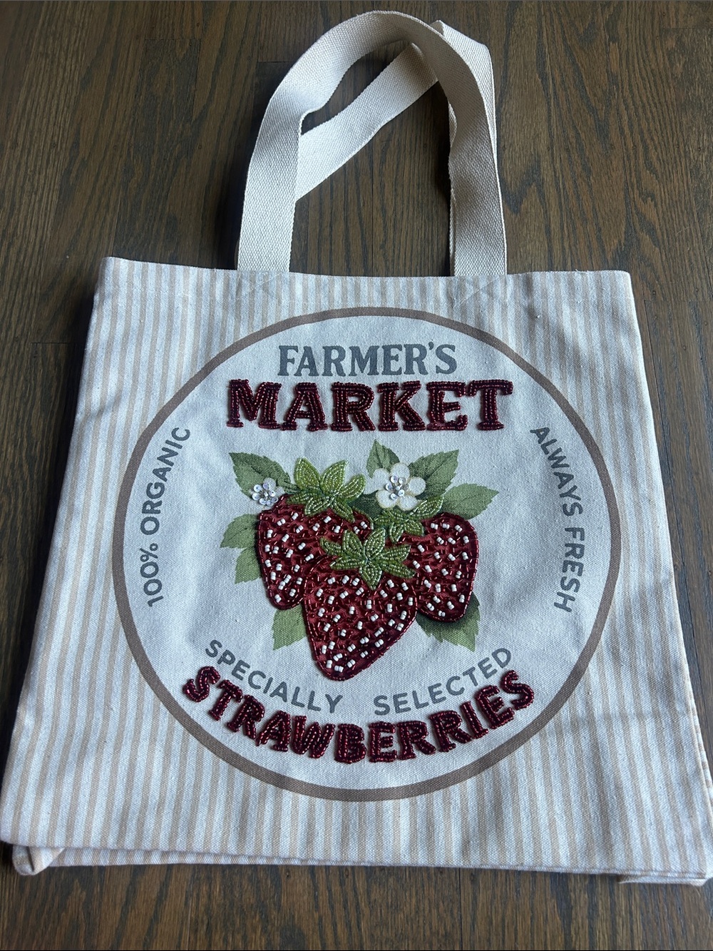 Beaded Strawberries Canvas Tote Bag - Cream & Red Marshalls NWOT
